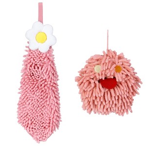 REGALWOVEN 2 Packs Soft Absorbent Flower Pattern Chenille Hand Towel with Loop 6" x 15"/7" x 7" - 1 of 4