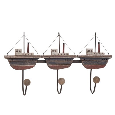 Beachcombers Rustic Boats Triple Prong Wall Coat Hook Wood Metal Home Decor Nautical Marine 17.91 x 3.94 x 10.24