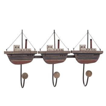 Beachcombers Rustic Boats Triple Prong Wall Coat Hook Wood Metal Home Decor Nautical Marine 17.91 x 3.94 x 10.24