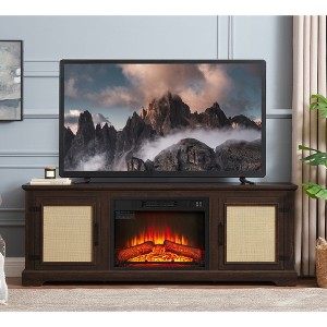 Farmhouse TV Stand Console with Natural Rattan Door Cabinets and Adjustable Shelves, 23" Electric Fireplace Insert, Fits TVs up to 70" - 1 of 4