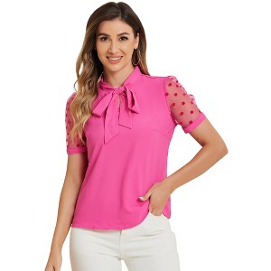 INSPIRE CHIC Women's Bow Tie V Neck Stand Collar Short Mesh Sleeve Blouse - 1 of 4
