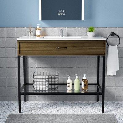 Modern Freestanding Bathroom Vanity with Resin Sink, Storage Cabinet and Open Glass Shelf, Contemporary Bathroom Cabinet Set