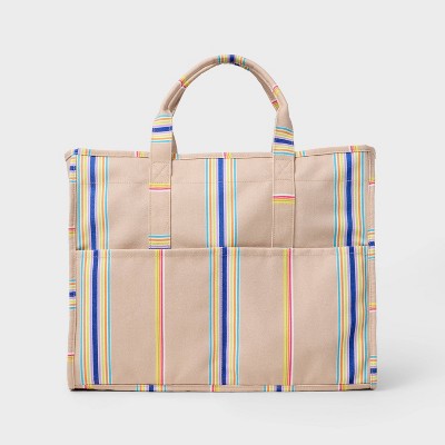 Pride Adult Rainbow Canvas Tote Handbag - Oatmeal Striped