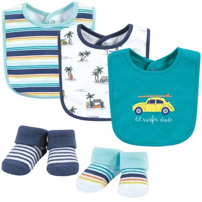 Image of Hudson Baby Infant Boy Cotton Bib and Sock Set, Surfer Dude, One Size