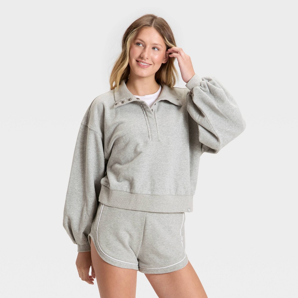 Women's Henley French Terry Sweatshirt - JoyLab™ Heathered Gray M