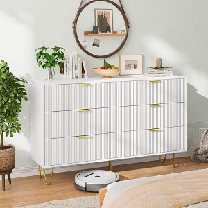 6 Drawers Fluted Dresser for Bedroom, Wooden Dresser TV Stand, Metal Modern Chest of Drawers Clothes Storage Organizer for Closet Living Room Hallway - 1 of 4