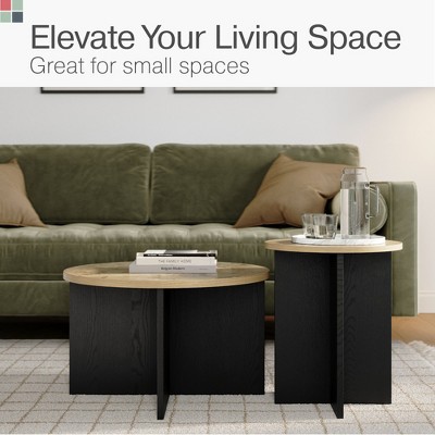 Stead Black and Burl Wood Round Nesting Coffee Table Set