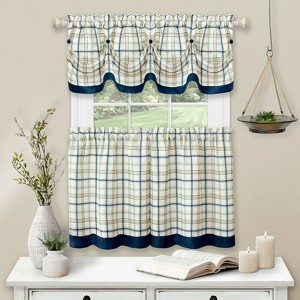Kate Aurora Country Farmhouse Plaid 3 Pc Tattersall Cafe Kitchen Curtain Tier & Valance Set - 1 of 1