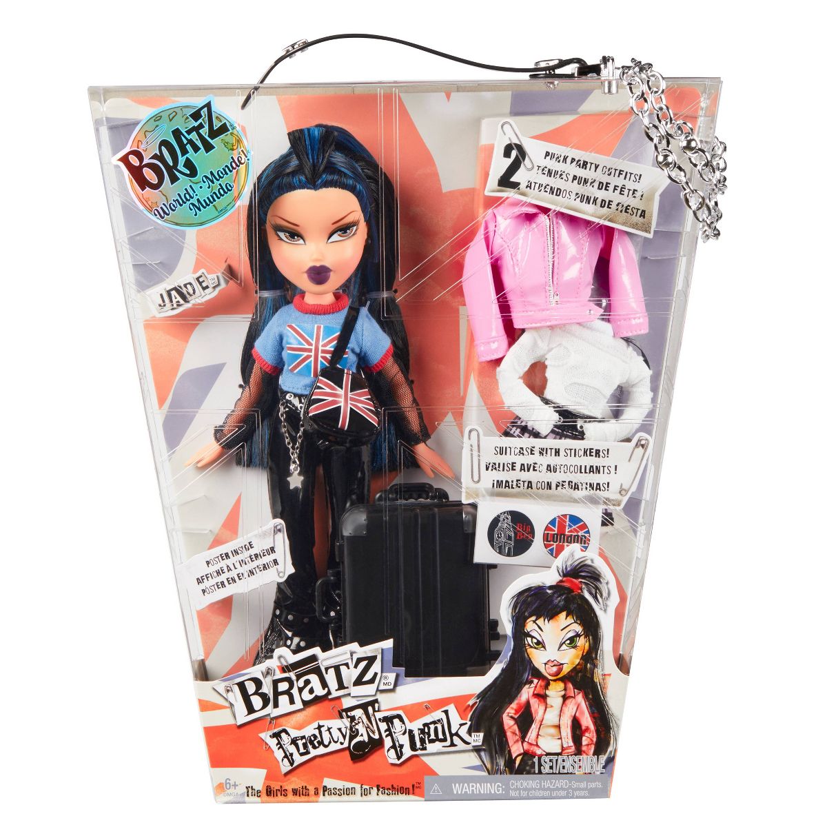 A doll with black hair inside a box with accessories