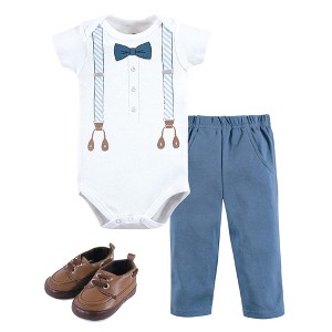 Little Treasure Baby Boy Cotton Bodysuit, Pant and Shoe 3pc Set, Light Blue Suspenders - 1 of 1