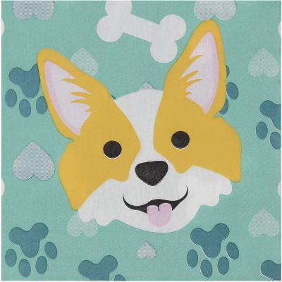 Blue Panda 150-Pack Disposable Paper Napkins Kids Birthday Dog Themed Party Supplies, Corgi Design, 6.5x6.5"