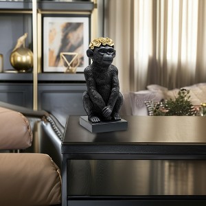 Resin Monkey Figurine with Gold Rose Crown - Elegant Polyresin Statue for Home, Office, Bedroom, and Living Room Decor - Sculpted Ornament - 8" Black - 1 of 4