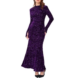 INSPIRE CHIC Women's Sequined Maxi Velvet Crewneck Long Sleeve Cocktail Evening Bodycon Dress - 1 of 4