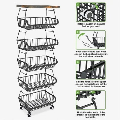 LunaLulinlk 6-Tier Kitchen Storage Fruit Basket Rack, Stackable Wire Basket Cart