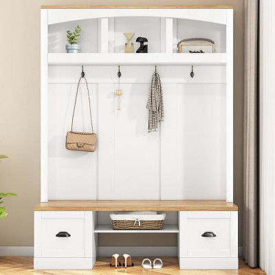 4-In-1 Particle Board Hall Tree Entryway With Bench Shoe Storage,Coat Rack Adjustable Shelves With 4 Hooks,For Hallways,Living Room,-Cuddlewood