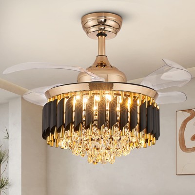 Ludomide 36" Modern Crystal Ceiling Fan with Dimmable LED Lights, Remote Control, Gold Black Retractable Fandelier for Bedroom & Living Room