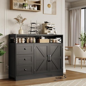47.2" Modern Farmhouse Sideboard Buffet Cabinet with Storage, Built-in Power Outlet, 3 Drawers & 2 Barn Doors, Large Wood Coffee Bar Table - 1 of 4