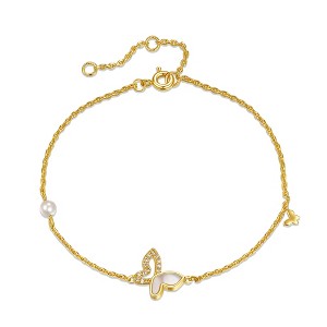 Guili 14K Yellow Gold Plated Adjustable Rope Bracelet with Mother of Pearl & Cubic Zirconia Butterfly Charm – Timeless Design with Extension Chain - 1 of 3