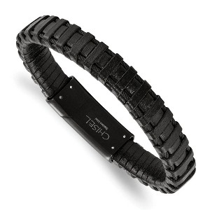 Black Bow Jewelry Black Plated Stainless Steel Cable & Black Leather Bracelet, 8.5 Inch - 1 of 2