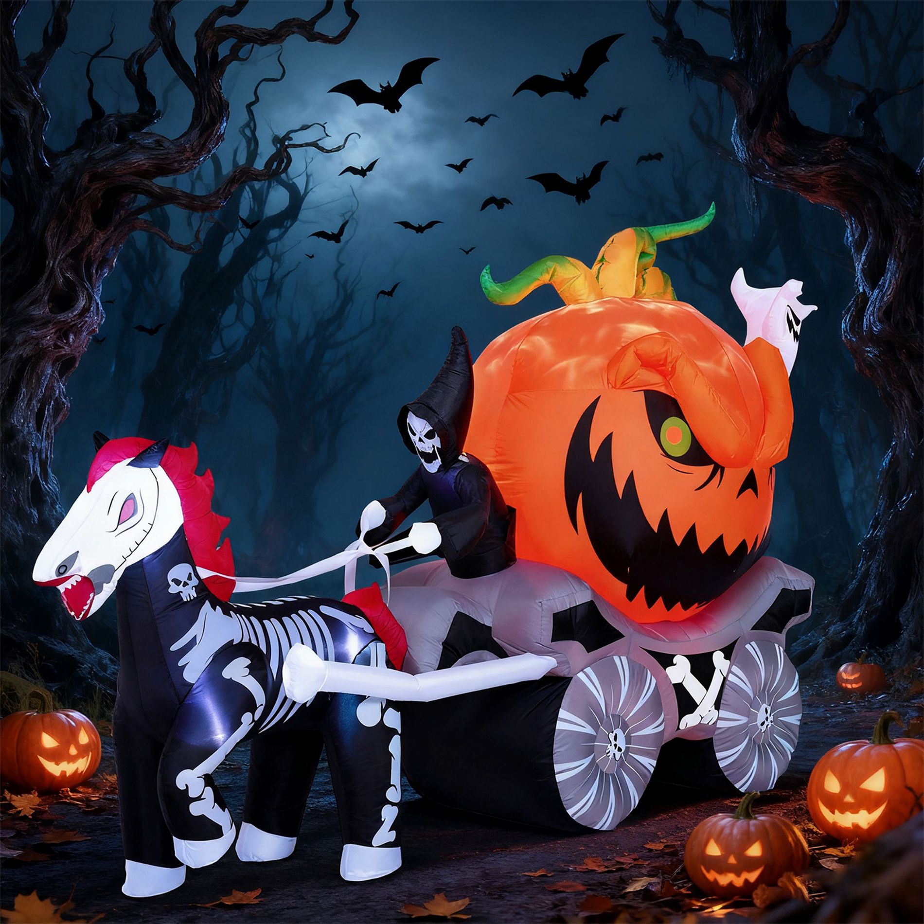 Joyfy 8 FT Long Halloween Inflatable Outdoor Decoration, Inflatable Pumpkin Carriage with Build-in LEDs for Halloween Outdoor Yard Graden Lawn Decor