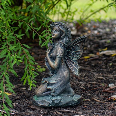 Bronze Kneeling Fairies with Flowers and Butterfly Garden Statues, Set of 2