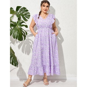 Women's Plus Size Summer Dress with Pocket Ruffle Cap Sleeveless V Neck Side Split Long Beach Maxi Dress - 1 of 4