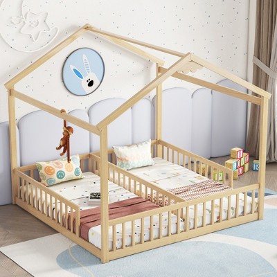 Whisen Double Twin Size Montessori Floor Bed with House-shaped Roof Frame and Fence and Guardrails