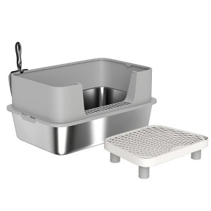Kumasinova Stainless Steel Cat Litter Box with Scoop & Sand Drop Pedal,High Sides Odor-Resistant Pet Litter Box for Big Cats,Gray - 1 of 4