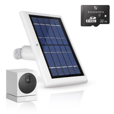 Wasserstein Solar Panel Compatible with Wyze Cam Outdoor (1 Pack, White) (Additional 32GB Micro SD Card Included)