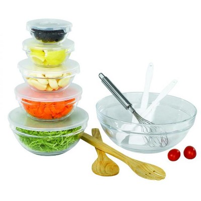 11-Piece Kitchen Accessories Set – Glass Mixing Bowls with Airtight Lids, Stainless Steel Whisk, Scrapers, Wooden Spoons