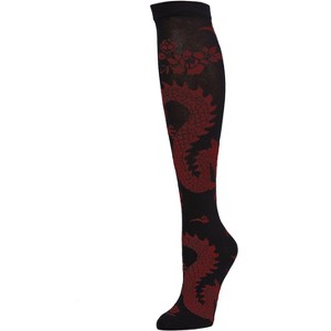 Natori  Dragon Cotton Blend Knee High Sock Black-Rhubarb 9-11 - 1 of 2