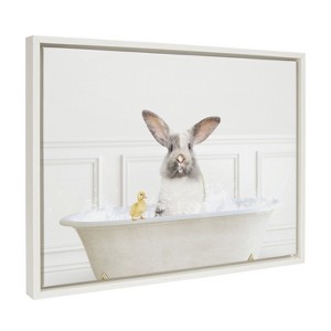 Kate and Laurel Sylvie Bunny In Bubble Bath Neutral Style Framed Canvas by Amy Peterson Art Studio, 18x24, White - 1 of 4