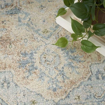 Beige Blue Medallion Synthetic 4' x 6' Washable Rug