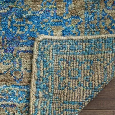 Teal and Beige Hand-Knotted Wool and Viscose Area Rug