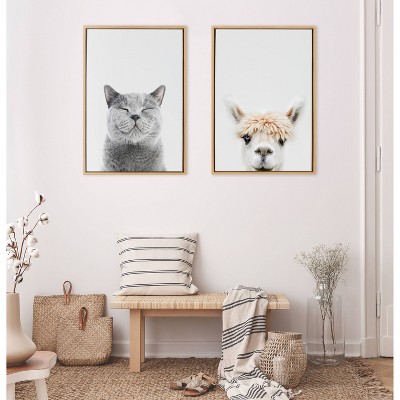 Smiling Cat Canvas Print in Natural Wood Frame for Kids Nursery