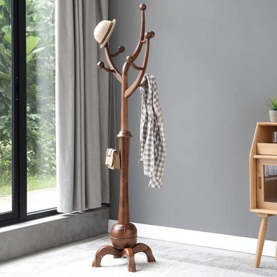 Bekrvio Coat Rack Freestanding Wood Tree Rack with 8 Hooks, Light Walnut Brown