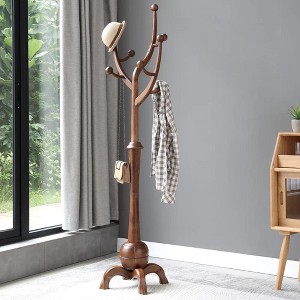 Bekrvio Coat Rack Freestanding Wood Tree Rack with 8 Hooks, Light Walnut Brown - 1 of 4