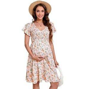 Women's V Neck Maternity Smocked Short Sleeve Summer Dress  Boho Ruffle Casual Swing Midi Dress - 1 of 4