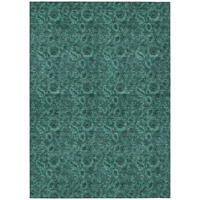 Teal Blue Green And Charcoal Floral Washable Indoor Outdoor Area Rug