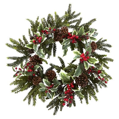 22" Holly Berry Wreath - Nearly Natural