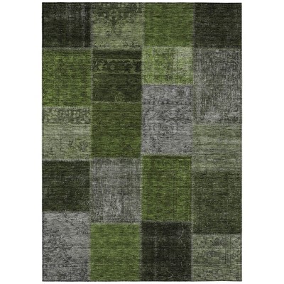 Olive Green And Artichoke Green Patchwork Washable Indoor Outdoor Area Rug
