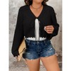 Women's Plus Size Crochet Hollow Out Tie Front Scallop Trim Crop Cardigan Sweater - 4 of 4