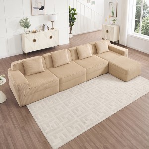 Modular 4-Seat L-Shaped Sectional Sofas, Deep Seat Cloud Couch with 1 Movable Ottoman & Throw Pillows, Plush Corduroy Boneless Sofa for Living Room - 1 of 4