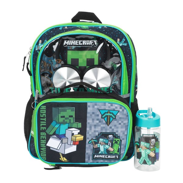 Mochila Minecraft de 16" set de 5 piezas con audífonos - Negro