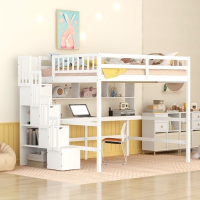 NicBex Full Size Loft Bed with Desk Pine Bed Frame with Shelves, Storage Stairs and Full Length Guardrail, No Box Spring Required