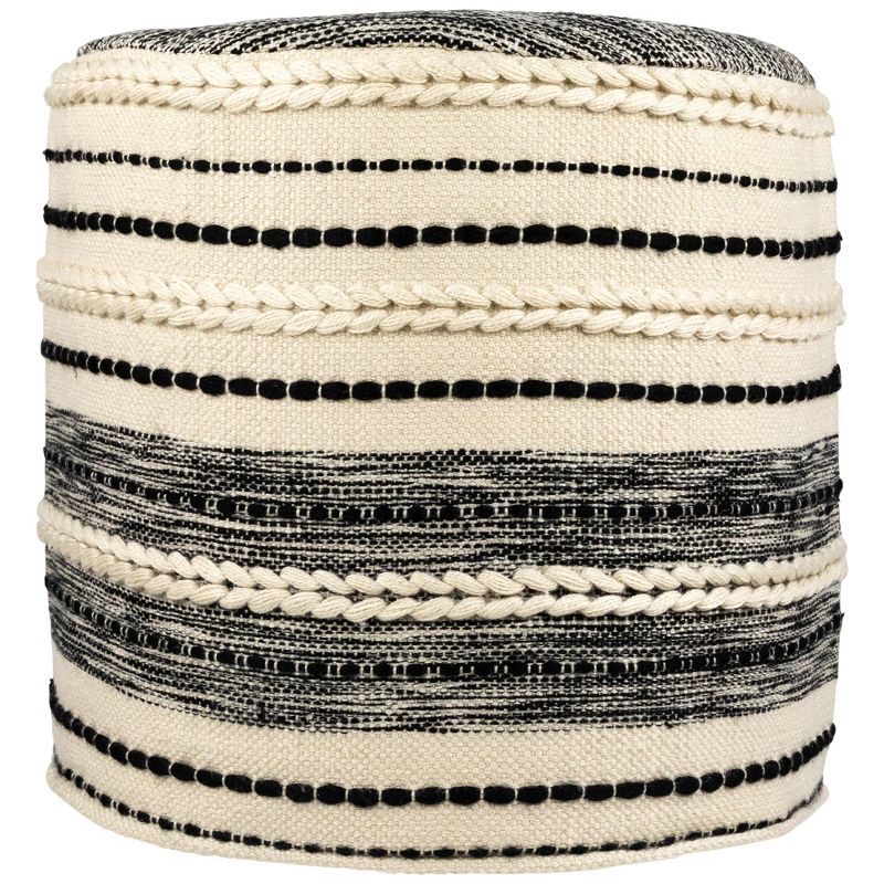 Northlight 18" Striped Cream and Black Outdoor Woven Pouf Ottoman, 1 of 7