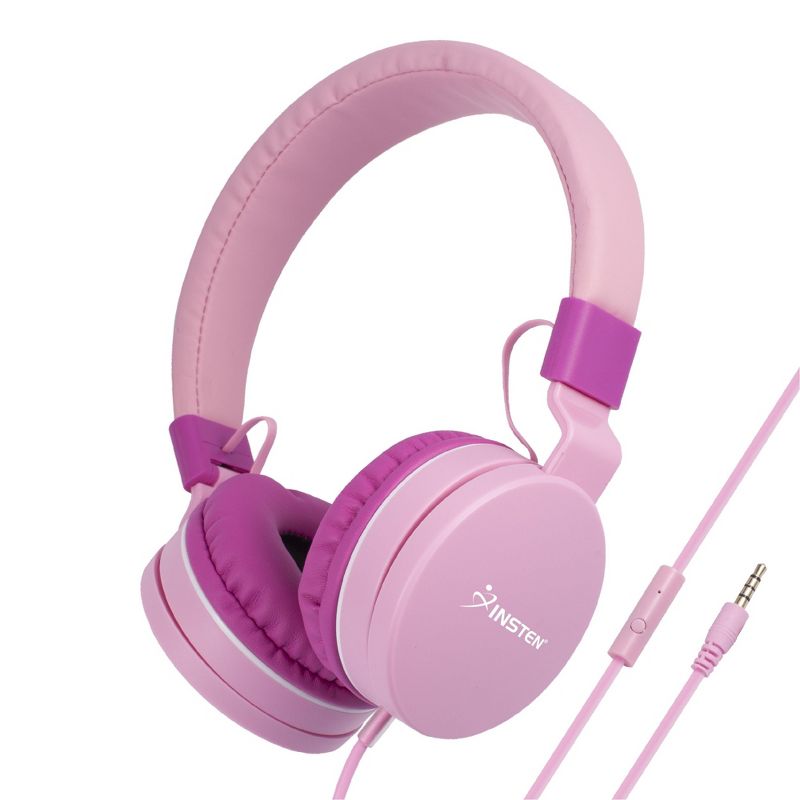 Insten Kids Headphones with Microphone, Wired Headset 3.5mm Adjustable Foldable with Volume Limiter for Toddler & School, Pink, 1 of 11