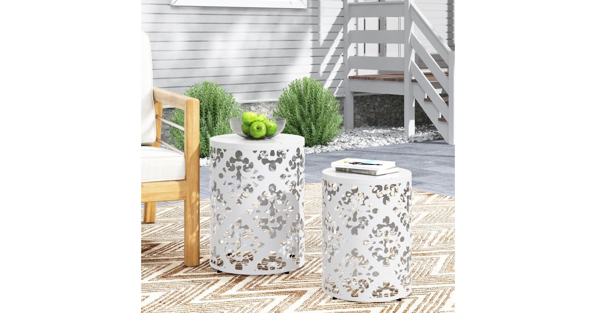 TUYOHW Round Patio End Table with Durable Frame,Metal Patio Side Table for Backyard,Pool,Indoor Companion,Durable and Rustproof,2PC,White