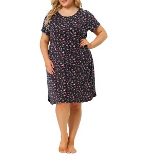 Agnes Orinda Women's Plus Size Short Sleeve Floral Pattern Round Neck Nightgown - 1 of 4