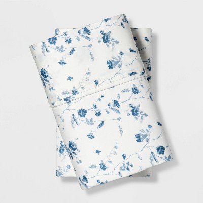 King Printed Performance 400 Thread Count Pillowcase Set White/Blue Floral - Threshold&#8482;: Cotton Sateen, OEKO-TEX Certified, Set of 2